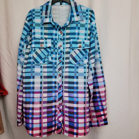 Button down blouse XL long sleeves colorful plaid Women's Polyester Ombre - Picture 1 of 10